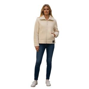 DKNY Active Cream Teddy Fleece Jacket Size L Cozy Zip-Up Comfort Layer